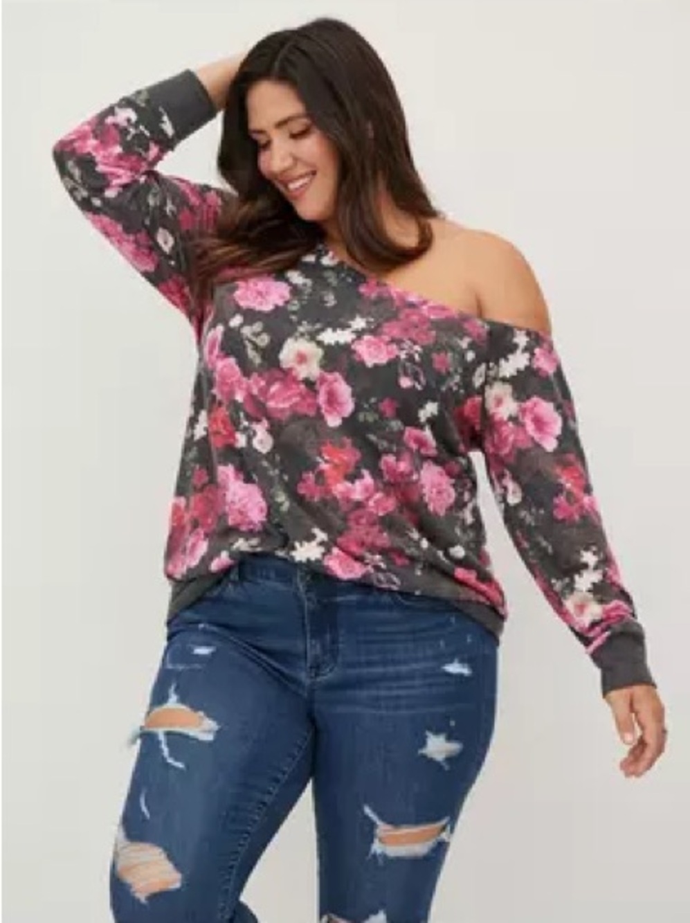 torrid Pink Floral Off-Shoulder Sweater on Charcoal